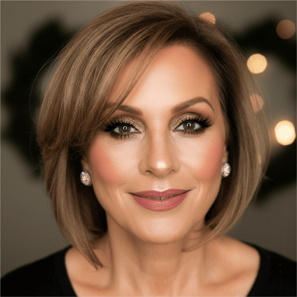 woman in her 50s with a glowing holiday makeup look