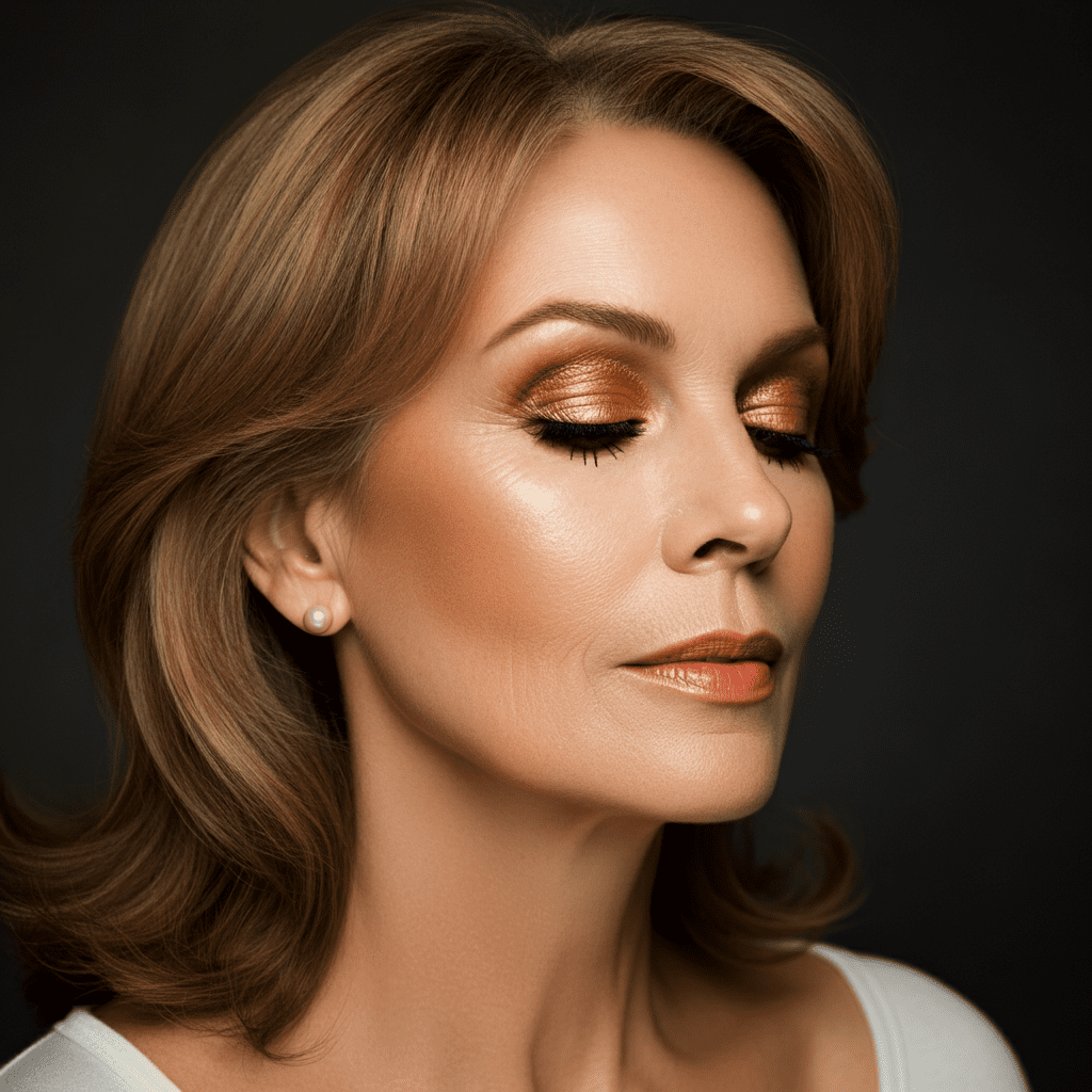 woman in her 50s with a stunning golden glamour makeup look