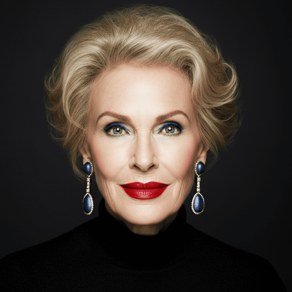 woman in her 60s with a classic red lip